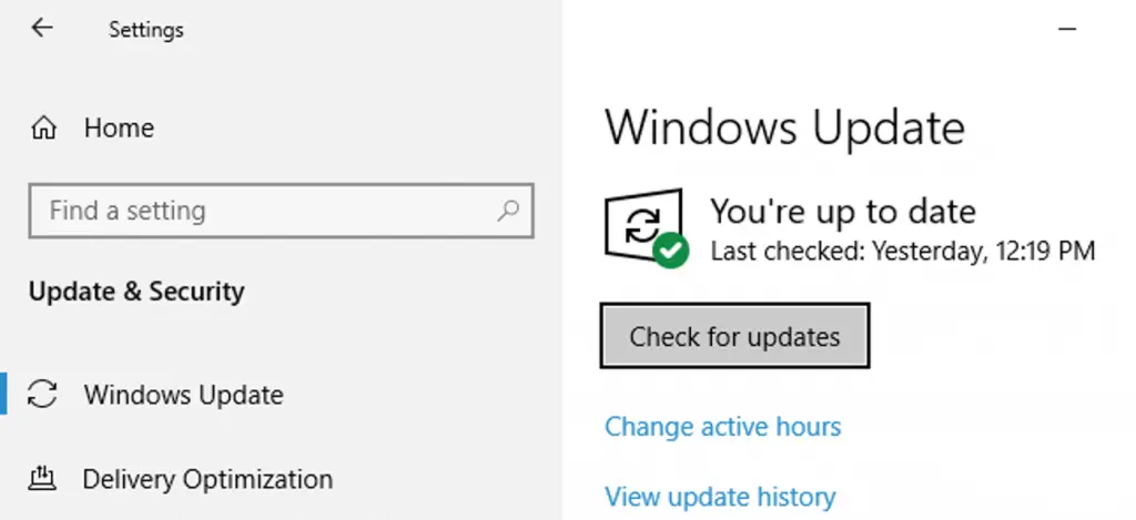 Check for updates in windows 10 Screenshot