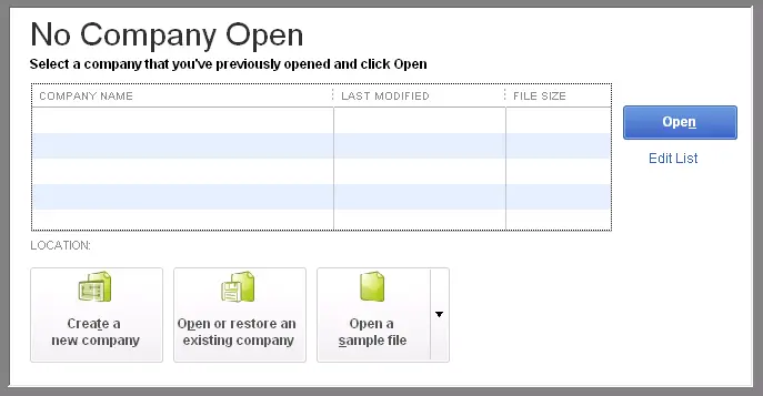 No company file open windows