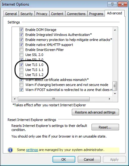 Verify TLS-1.0 Settings Screenshot