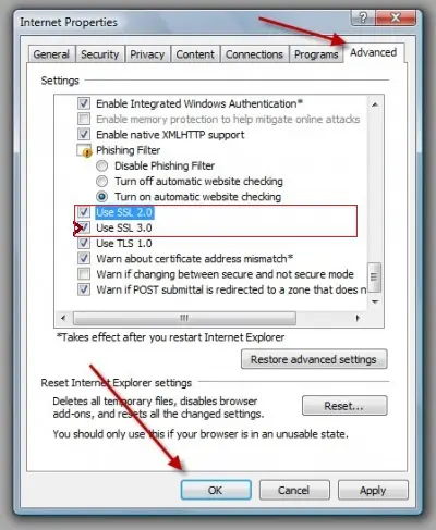 Verify The Internet Explorer Settings Screenshot