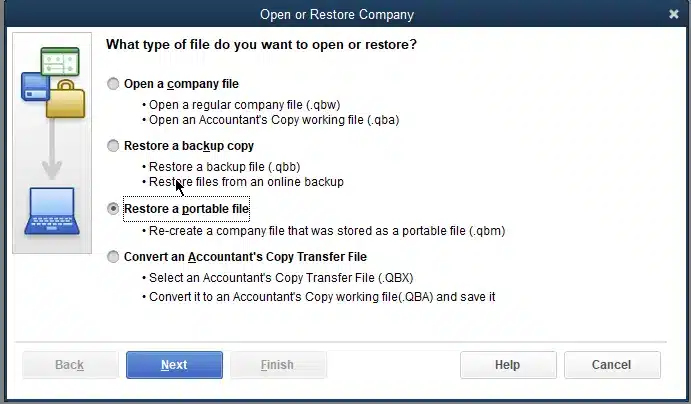 Create a portable company file .qbm to restore your company file