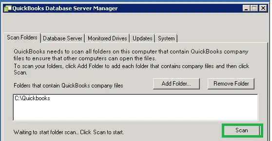 Scan Folders QuickBooks database Server manager