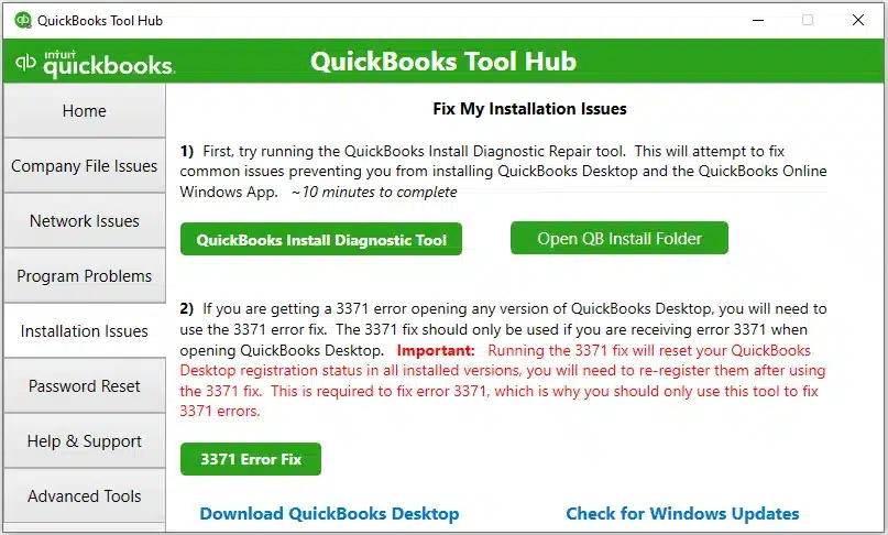 Installation issues tab in tool hub program