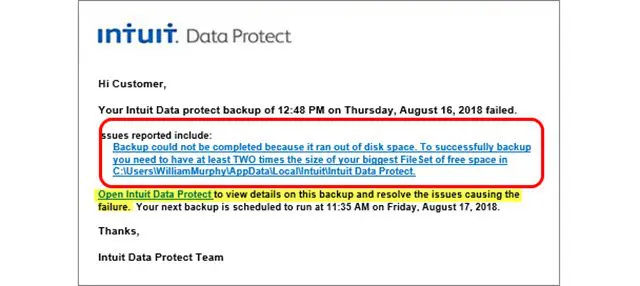 Intuit Data Protect Backup Failed error